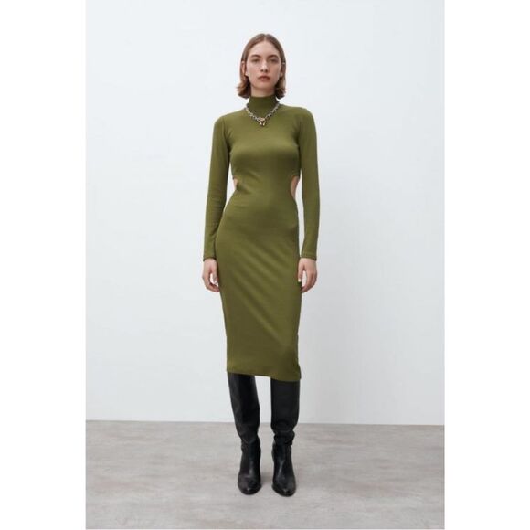 Zara NWT Cut Out Rib Midi Dress in Khaki - Picture 1 of 10